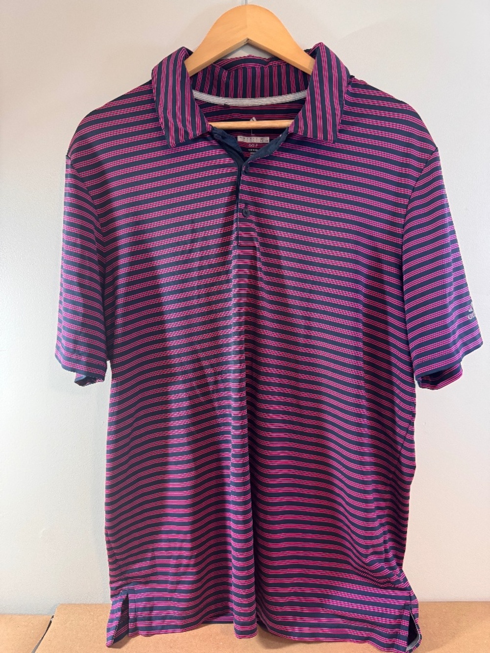 Adidas Golf Men's Large Polo Shirt Navy Blue Pink Striped Short Sleeve